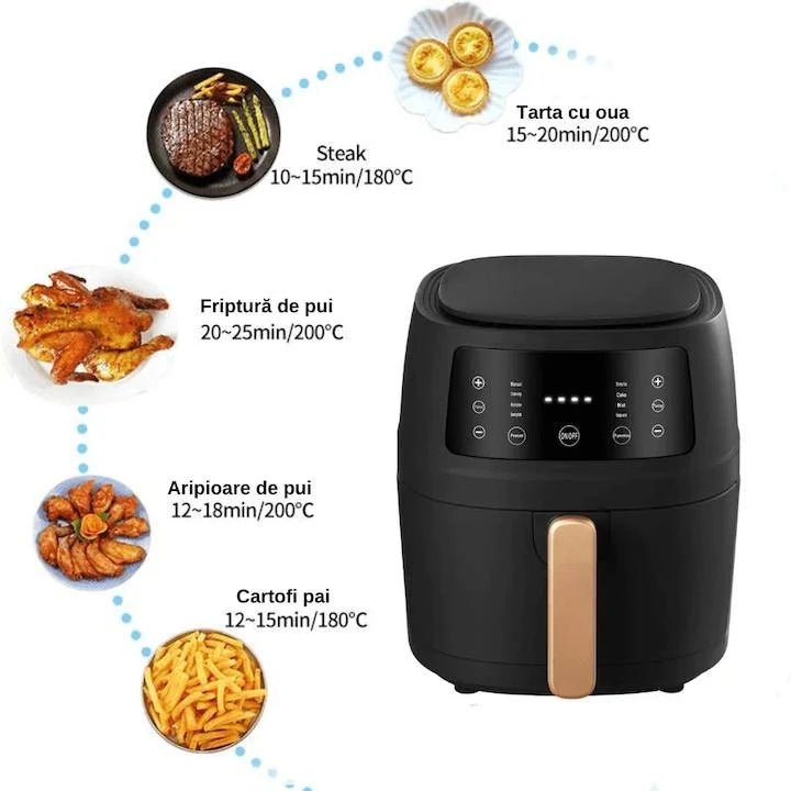 Friteuza Air Fryer, Digitala cu Aer Cald, 8L, Optiune Sanatoasa-fara ulei, Putere 2400W, 8 Programe de gatit presetate, Temperatura reglabila, Vas detasabil, 32x25, 5 cm, Tehnologie de circulatie a aerului cald, Gatiti sanatos si delicios fara ulei